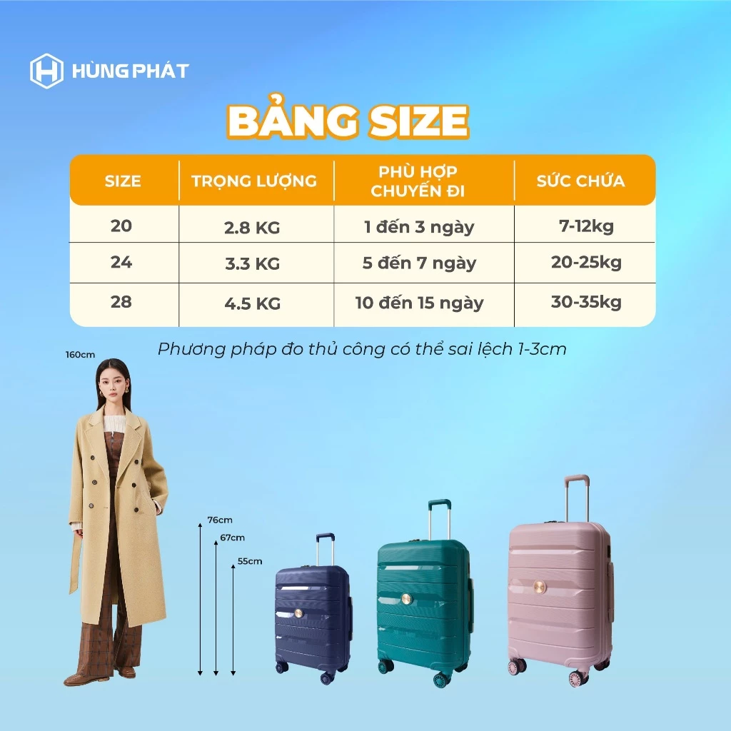 Bảng size của vali Travelking 883