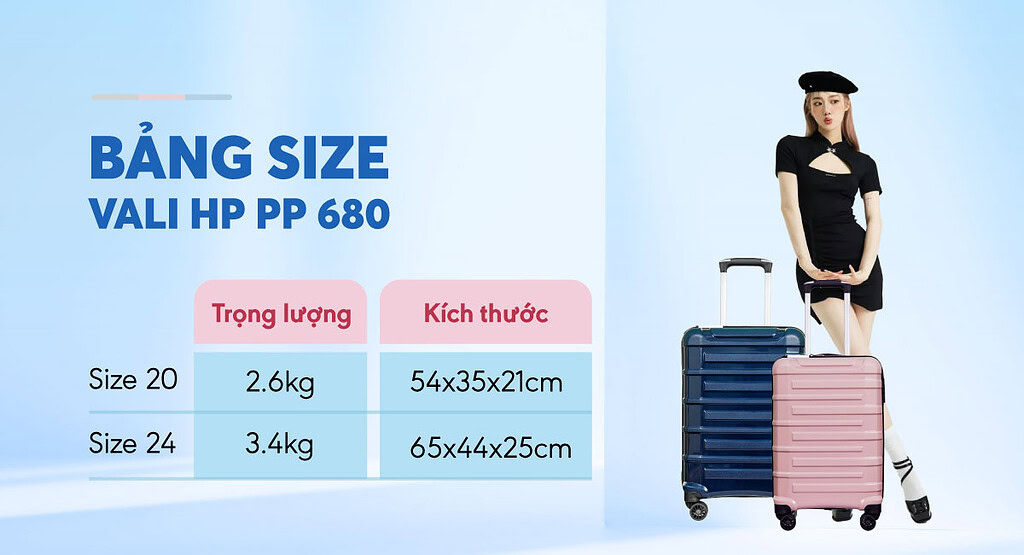 bảng kích thước vali nhựa Hùng Phát 680