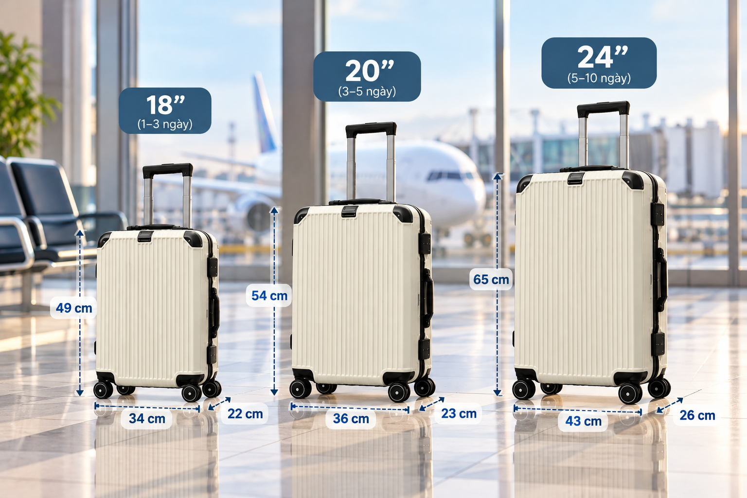 Cách chọn vali xách tay lên máy bay đúng kích thước quy định 3 so-sanh-vali-size-18-20-va-24-inch